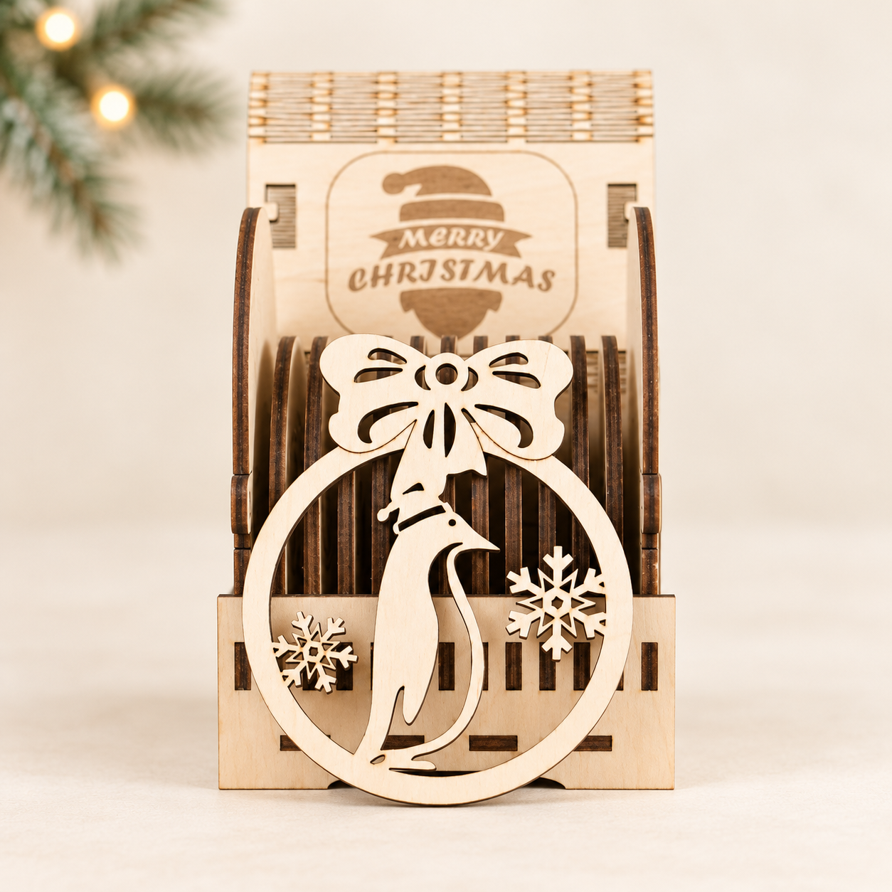 12 darabos gravírozott karácsonyfadísz-szett, fa díszdobozban - 12. kép